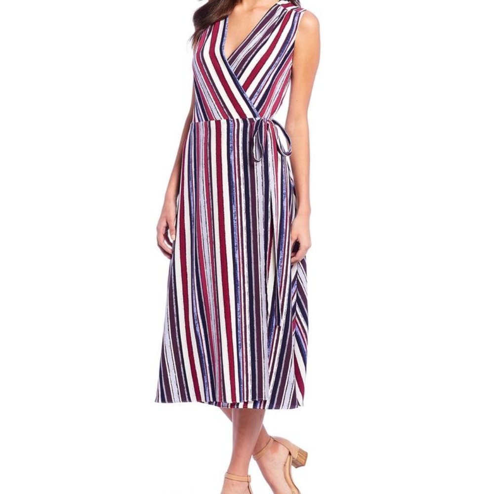 Alex Marie Striped V Neck Midi Crepe Wrap Dress